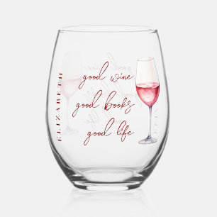 Personalized Rosé Pink Wine & Book Lover Quote Stemless Wine Glass
