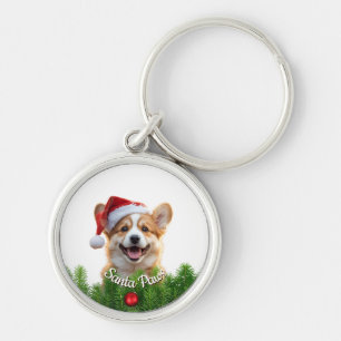 Personalized Round Keychain – Santa Paws Corgi 