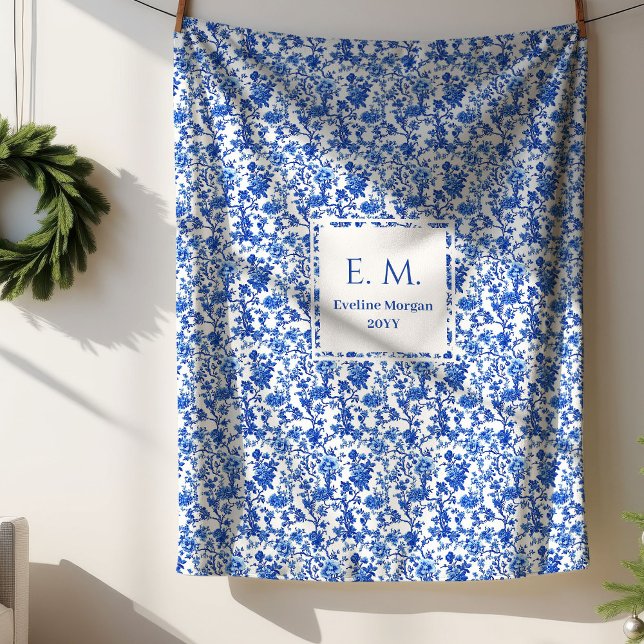 Personalized Royal Blue Floral Toile Cozy Blanket (Personalized Royal Blue Floral Toile Cozy Blanket)