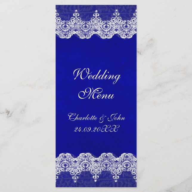 Personalized Royal Cobalt Lace Wedding Menu (Front)