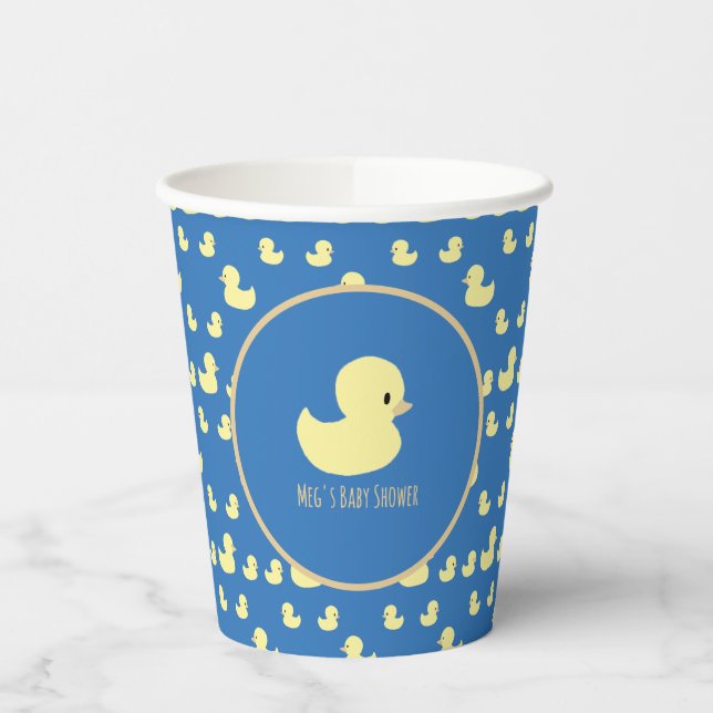 Personalized Rubber Duck Modern Blue Baby Shower Paper Cups (Left)