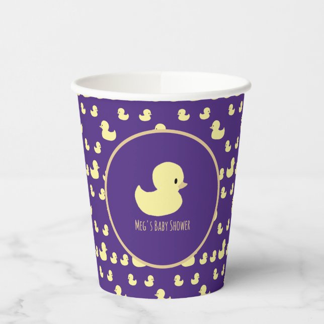 Personalized Rubber Duck Modern Purple Baby Shower Paper Cups (Left)