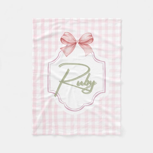 Personalized Ruby Baby Girl Nursery Bow&Gingham Fleece Blanket (Front)