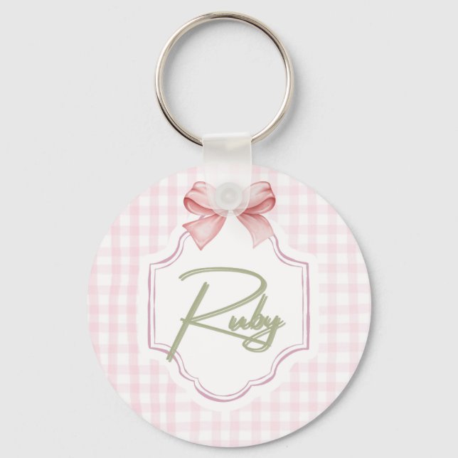 Personalized Ruby Baby Girl Nursery Bow&Gingham Key Ring (Front)