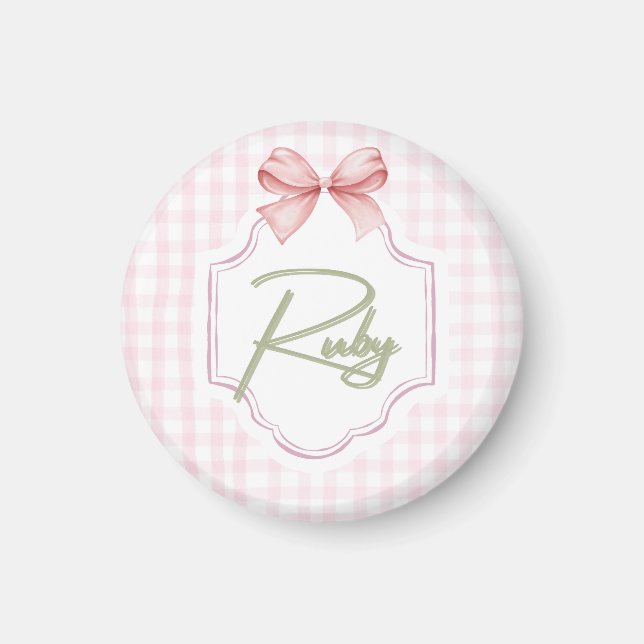 Personalized Ruby Baby Girl Nursery Bow&Gingham Magnet (Front)