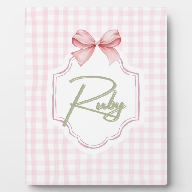 Personalized Ruby Baby Girl Nursery Bow&Gingham Plaque (Front)
