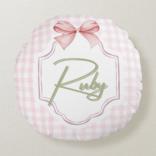 Personalized Ruby Baby Girl Nursery Bow&Gingham Round Cushion