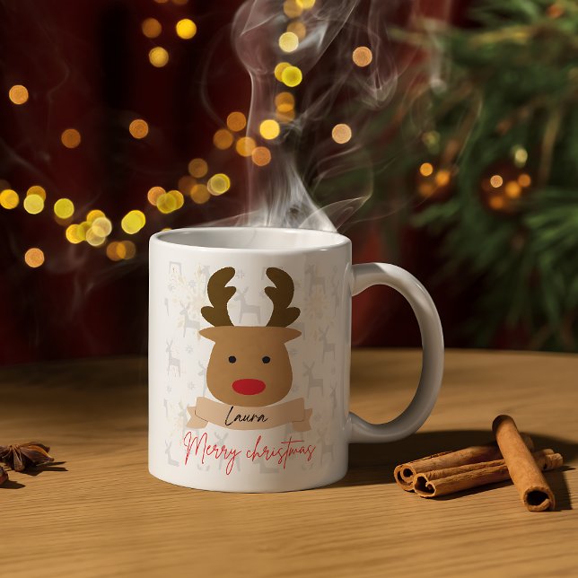 Personalized Rudolph Reindeer Red-Handle Christmas Mug (Creator Uploaded)