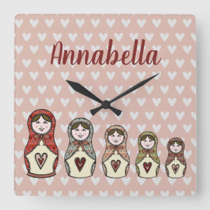 Personalized Russian Nesting Matryoshka Doll Square Wall Clock