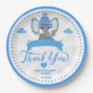 Personalized Rustic Blue Elephant  boy Baby Shower Paper Plate