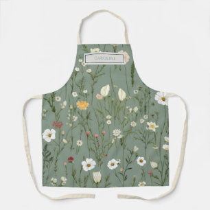 Personalized Rustic Boho Flowers Sage Green Apron