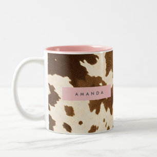 Personalized Rustic Brown Cowhide Print Two-Tone Coffee Mug