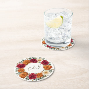 Personalized Rustic Fall Floral Wedding Round Paper Coaster