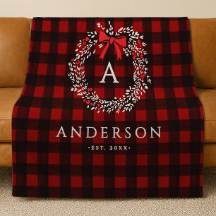 Personalized Rustic Holiday Wreath Buffalo Plaid Fleece Blanket