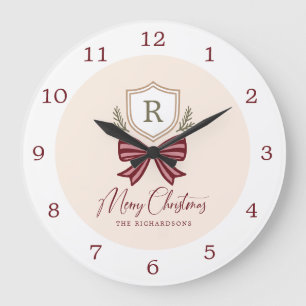 Personalized Rustic Monogram Crest Bow Christmas  Large Clock