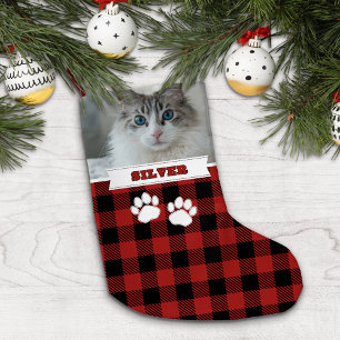 Personalized Rustic Red Buffalo Cat Name Photo Small Christmas Stocking