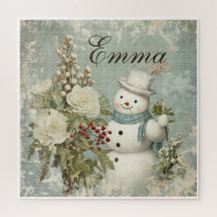 Personalized Rustic Vintage Snowman Christmas Jigsaw Puzzle