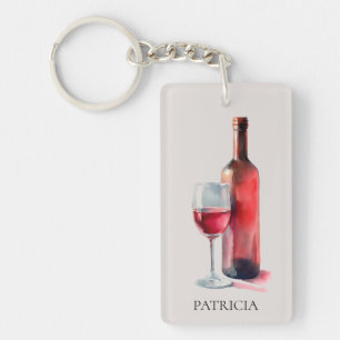 Personalized Rustic Watercolor Red Wine Glass Key Ring