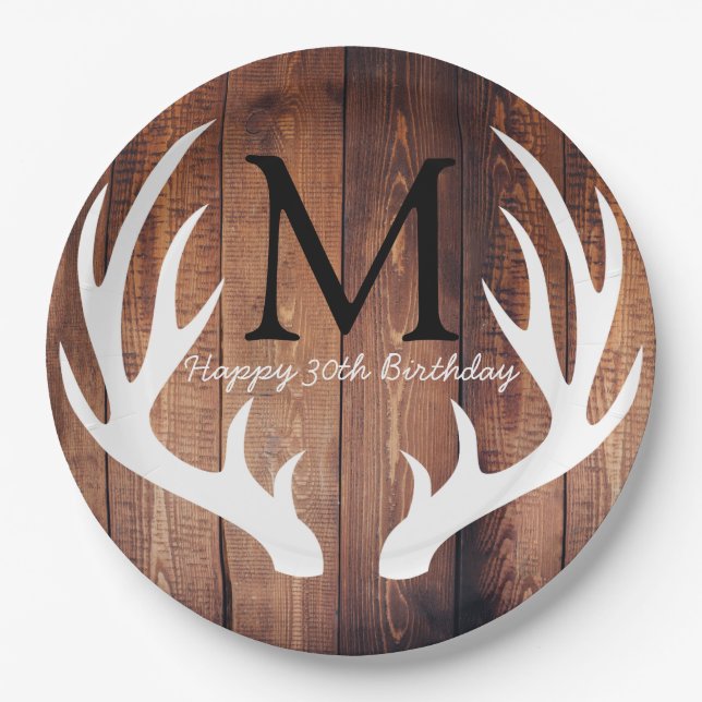 Personalized - Rustic White Deer Antlers Barn Wood Paper Plate (Front)