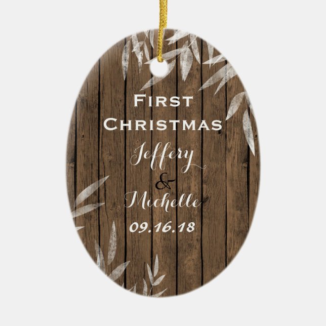 Personalized Rustic Willow on Wood First Christmas Ceramic Tree Decoration (Front)