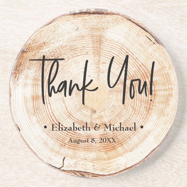 Personalized Rustic Wood Disc Thank you Wedding Coaster (Front)