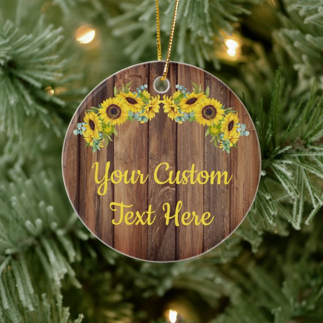 Personalized Rustic Wood Sunflower Custom Text Cer Ceramic Tree Decoration (Tree)