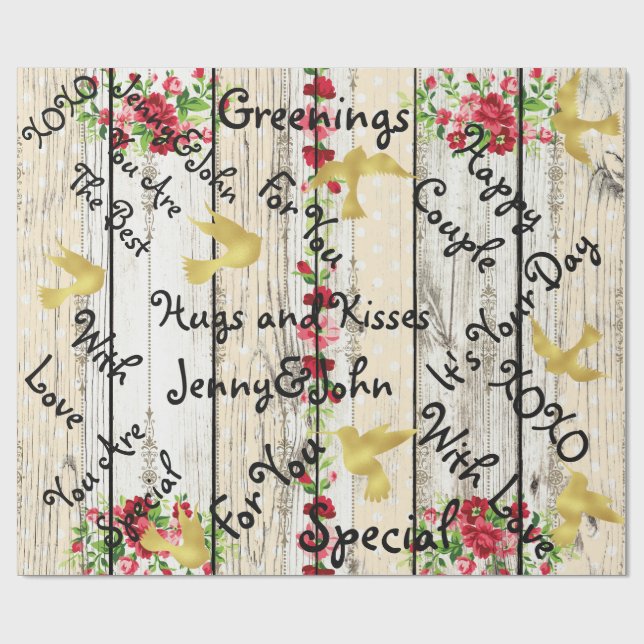 Personalized Rustic Wood Wedding Golden Birds Wrapping Paper (Flat)