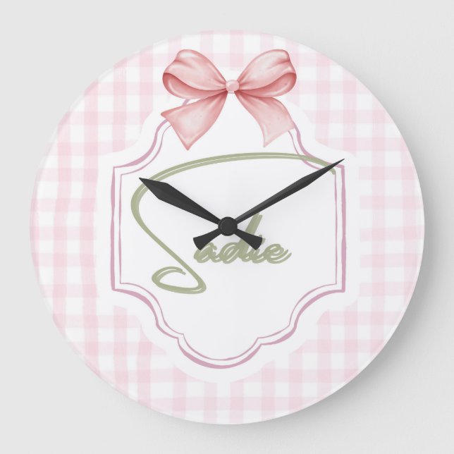 Personalized Sadie Baby Girl Nursery Bow&Gingham Large Clock (Front)