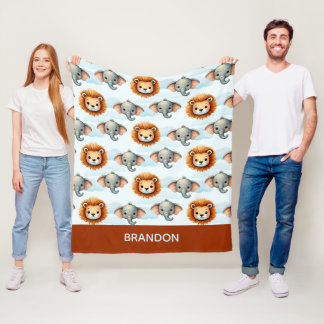 Personalized Safari Animal Pastel Lion Elephant Fleece Blanket