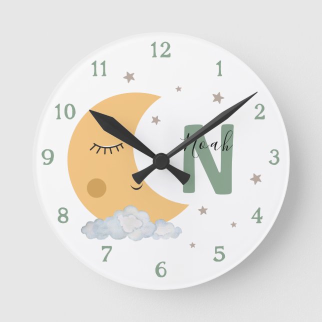 Personalized Sage Green Moon Nursery Clock Custom (Front)