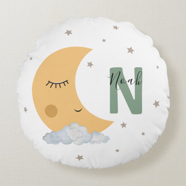 Personalized Sage Green Moon Nursery Throw Pillow (Front)