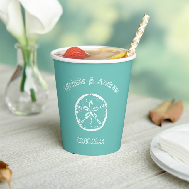 Personalized sand dollar beach wedding party paper cups (Insitu)