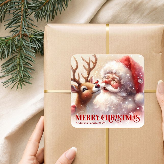 Personalized Santa and Rudolph Cute Christmas Kids Square Sticker (Personalized Santa and Rudolph Cute Christmas Sticker)