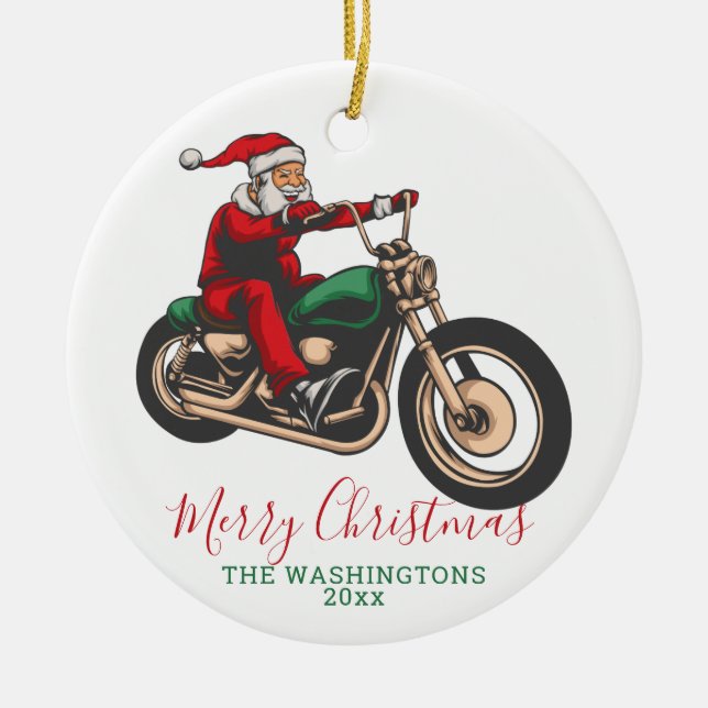 Personalized Santa Biker Christmas Ceramic Tree Decoration (Front)
