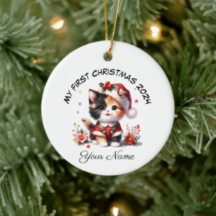 Personalized Santa Calico Kitten First Christmas Ceramic Tree Decoration