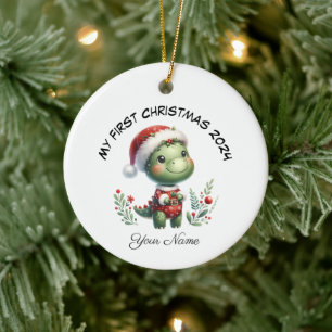 Personalized Santa Dinosaur First Christmas Ceramic Tree Decoration