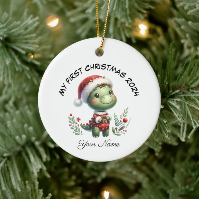 Personalized Santa Dinosaur First Christmas Ceramic Tree Decoration (Tree)