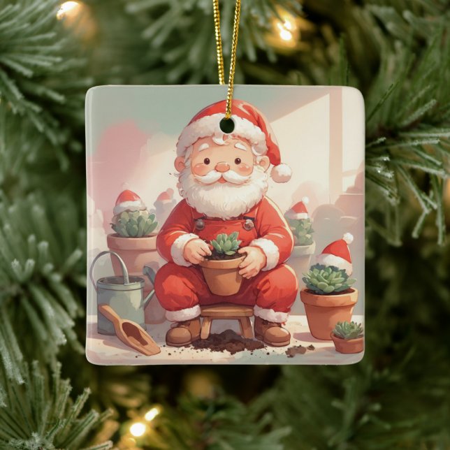 Personalized Santa Gardener Succulent Christmas Ceramic Ornament (Tree)