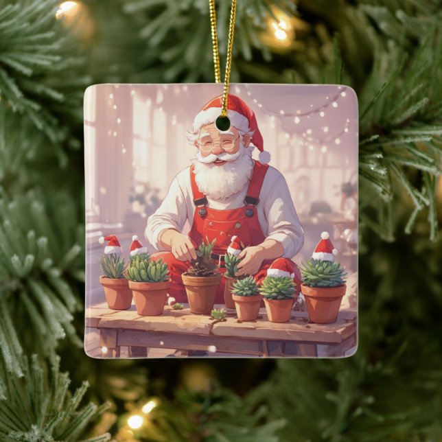 Personalized Santa Gardener Succulent Christmas Ceramic Ornament (Tree)