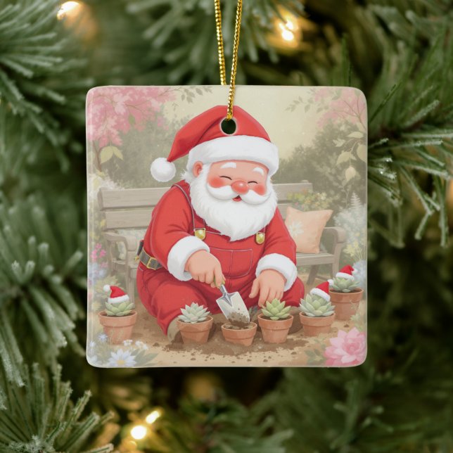Personalized Santa Gardener Succulent Christmas Ceramic Ornament (Tree)