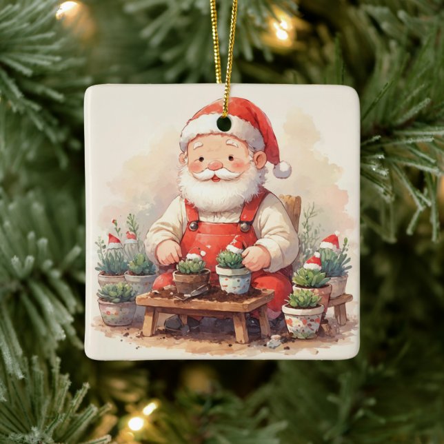 Personalized Santa Gardener Succulent Christmas Ceramic Ornament (Tree)