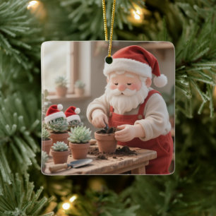Personalized Santa Gardener Succulent Christmas Ceramic Ornament