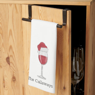 Personalized Santa Hat Wine Glass Holiday Party Tea Towel