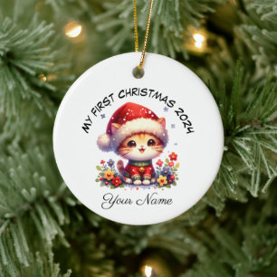 Personalized Santa Orange Kitten First Christmas Ceramic Tree Decoration