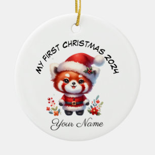 Personalized Santa Red Panda Bear First Christmas Ceramic Tree Decoration