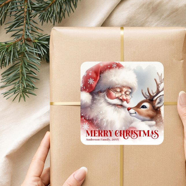 Personalized Santa Rudolph Christmas Kids Gift  Square Sticker (Personalized Santa Rudolph Christmas Kids Gift Festive Sticker

)