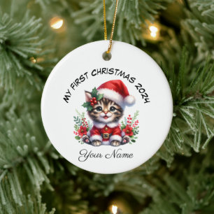 Personalized Santa Tabby Kitten First Christmas Ceramic Tree Decoration