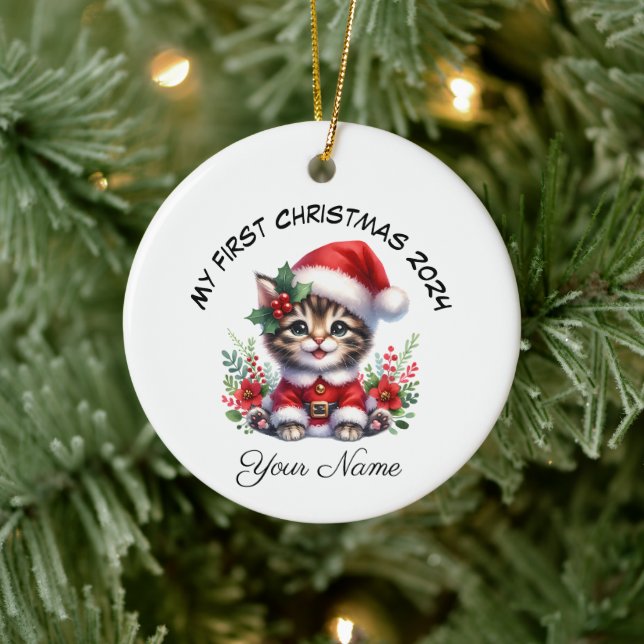 Personalized Santa Tabby Kitten First Christmas Ceramic Tree Decoration (Tree)