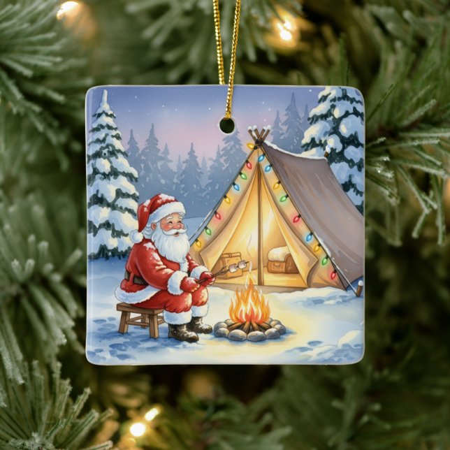 Personalized Santa Winter Camping Christmas Ceramic Ornament (Tree)
