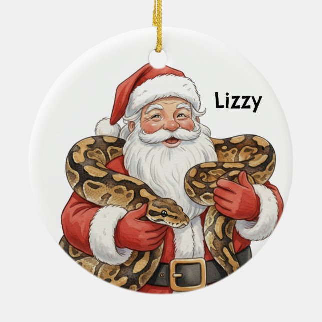 Personalized Santa with ball python snake Ceramic Tree Decoration (Back)
